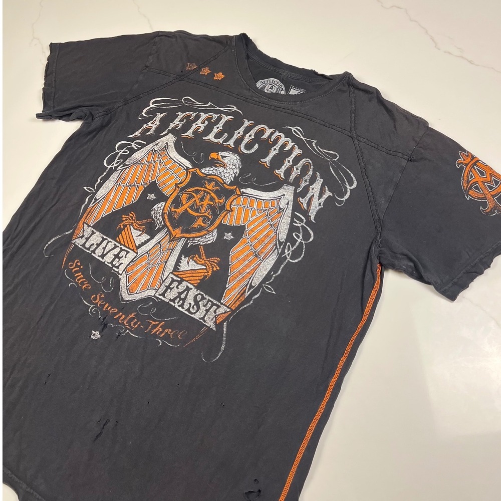 Affliction T-Shirt Mens XL Black Orange Live Fast Eagle Distressed American